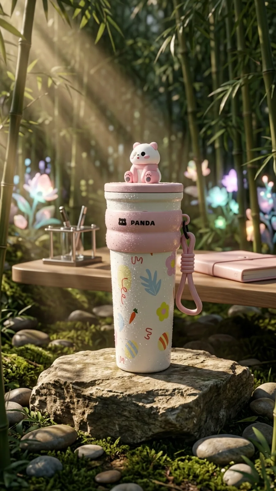 Panda tumbler in a bamboo forest setting