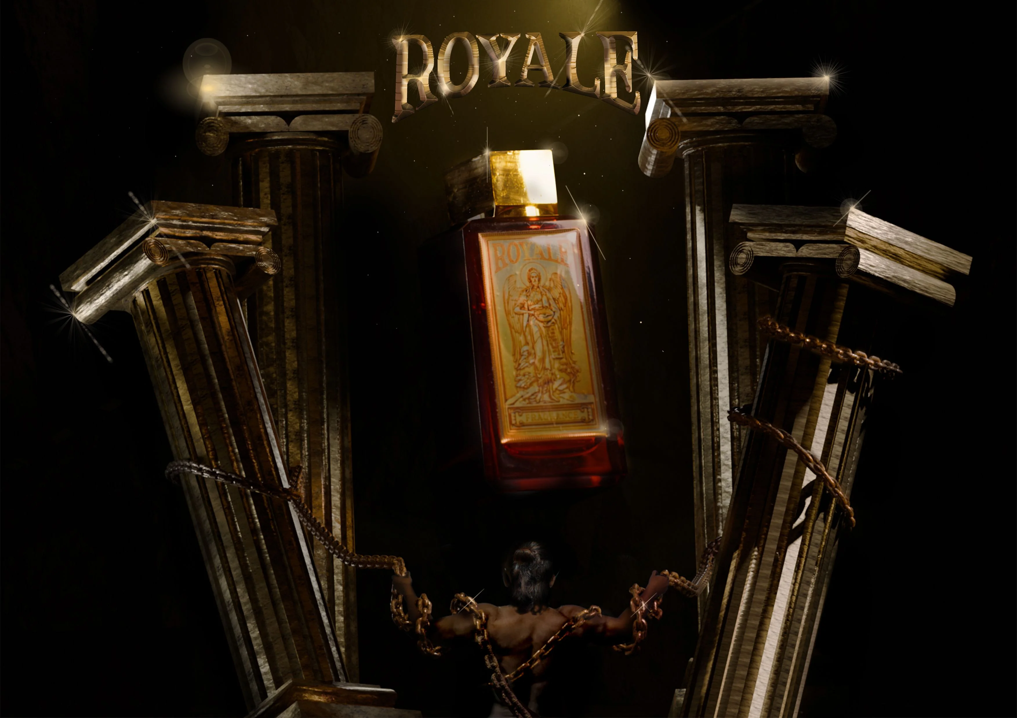 Royale Fragrance — Desain Produk oleh Titik Senyap Studio. Visualisasi aroma parfum maskulin melalui pendekatan desain yang elegan dan kuat