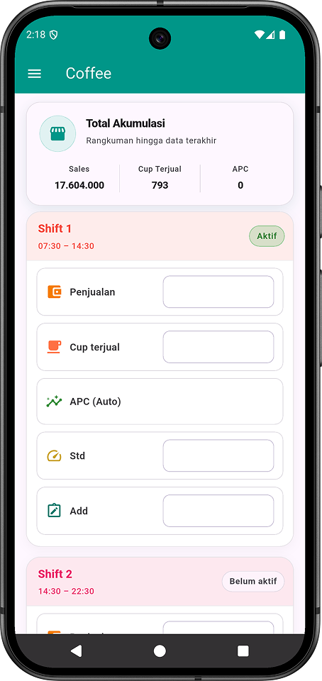 Layar Starvy untuk mencatat penjualan per shift